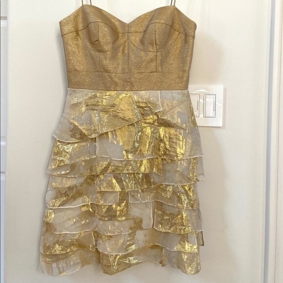 AIDAN MATTOX Silk Gold Leaf Ruffle Mini Dress 4 - Picture 2 of 10